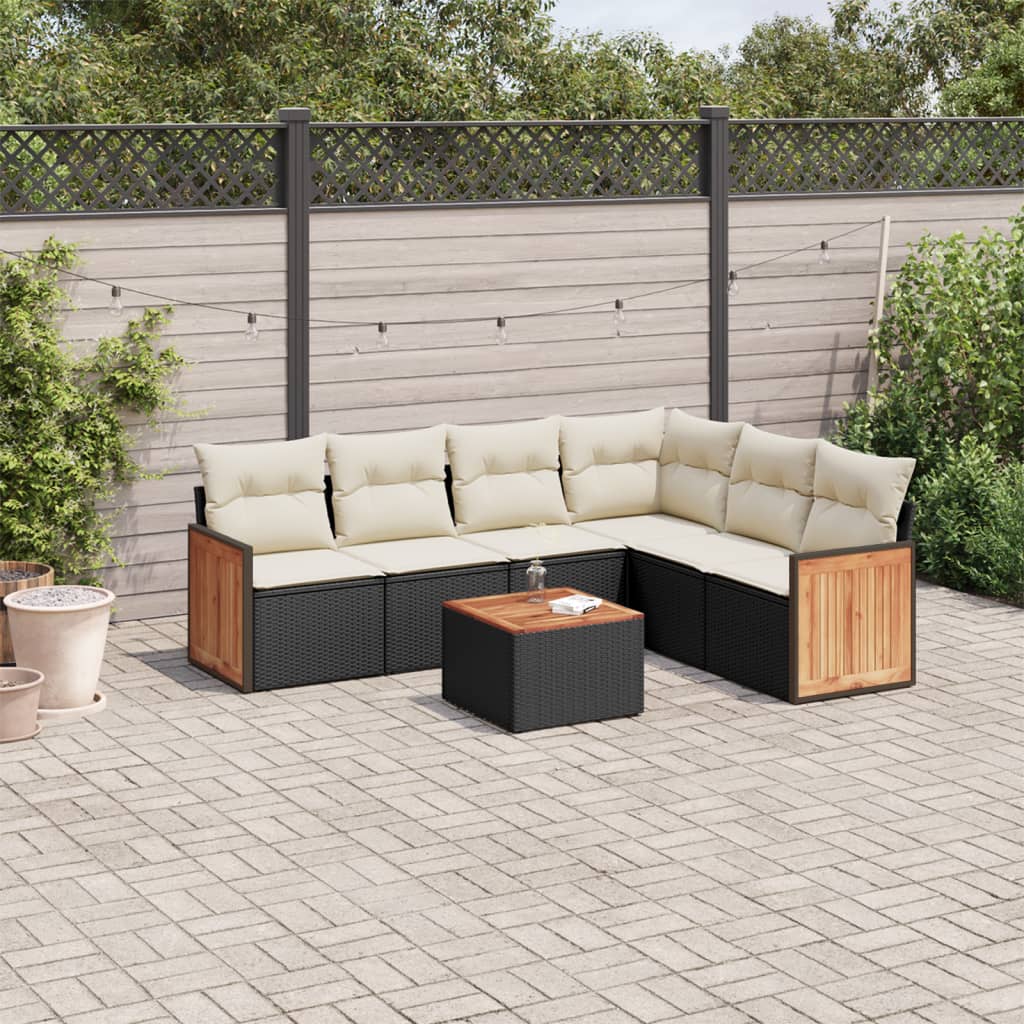 Salon de jardin 7 pcs avec coussins noir résine tressée