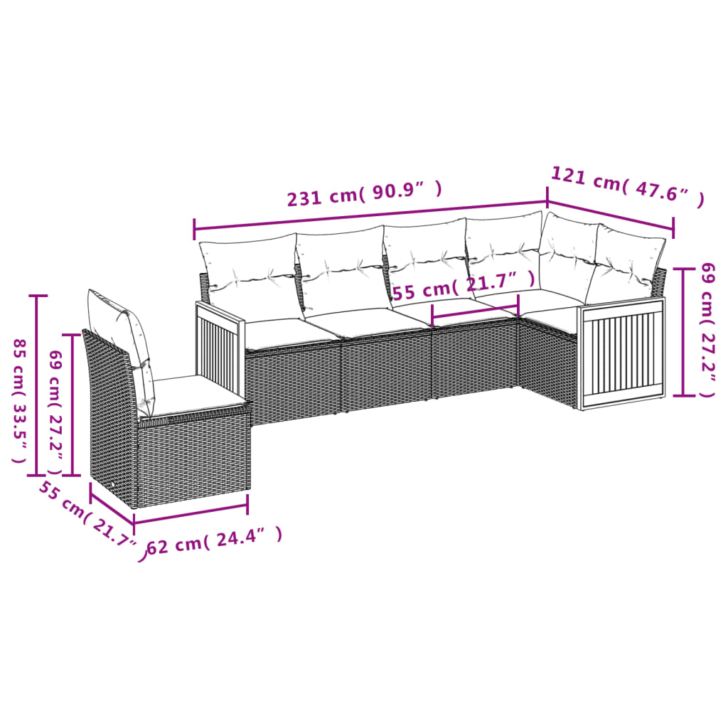 Salon de jardin 6 pcs avec coussins noir résine tressée