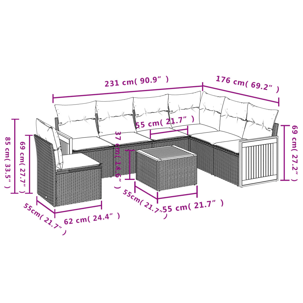 Salon de jardin avec coussins 7 pcs gris résine tressée