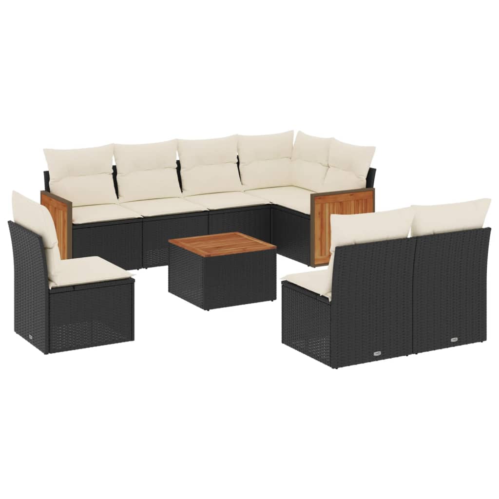 Salon de jardin 9 pcs avec coussins noir résine tressée