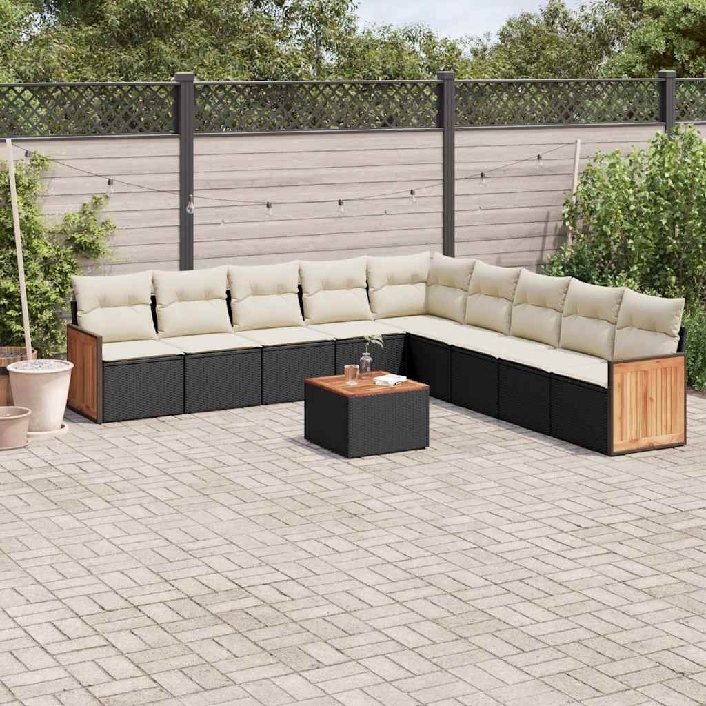 Salon de jardin 10 pcs avec coussins noir résine tressée