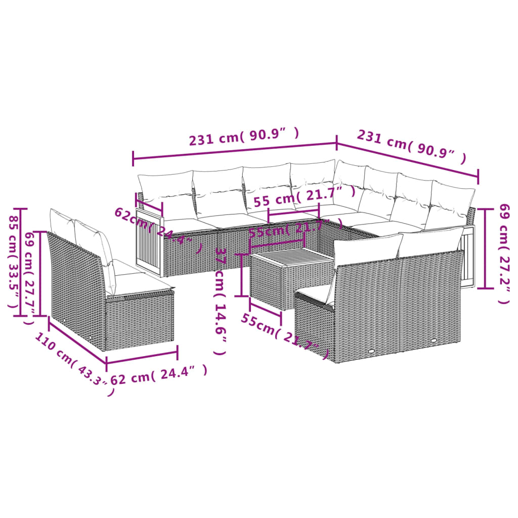 Salon de jardin 12 pcs avec coussins noir résine tressée