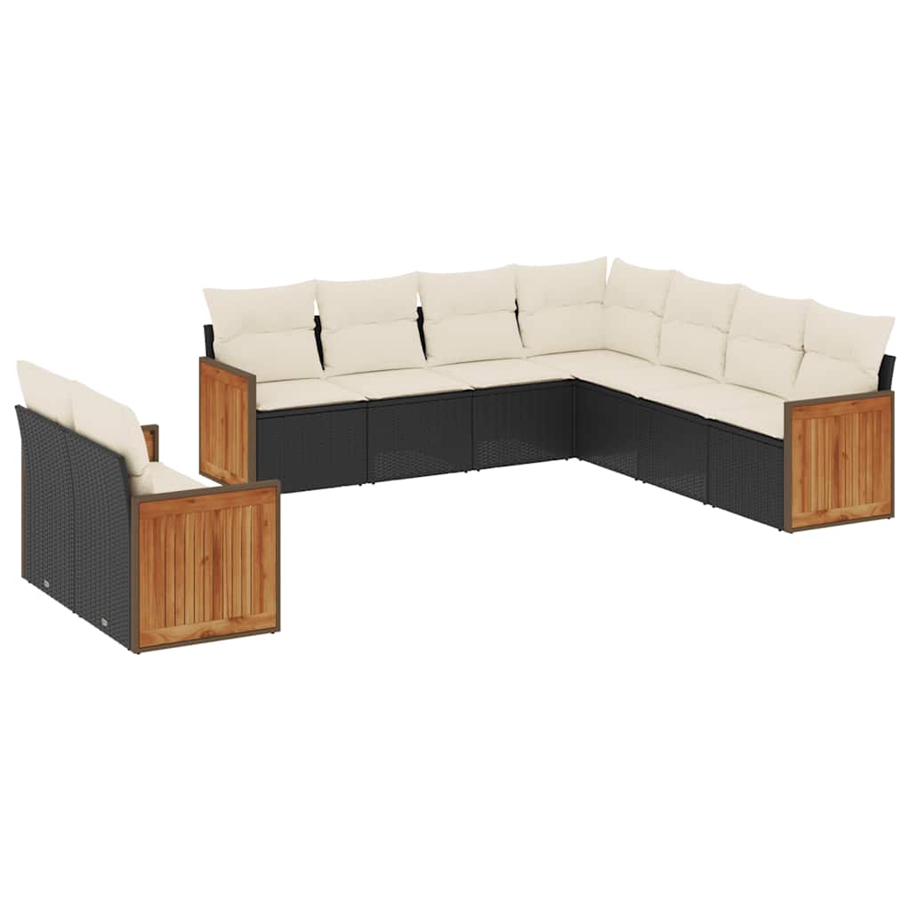 Salon de jardin 9 pcs avec coussins noir résine tressée