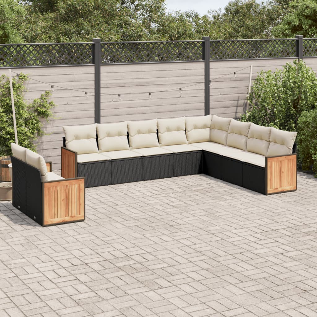 Salon de jardin 10 pcs avec coussins noir résine tressée
