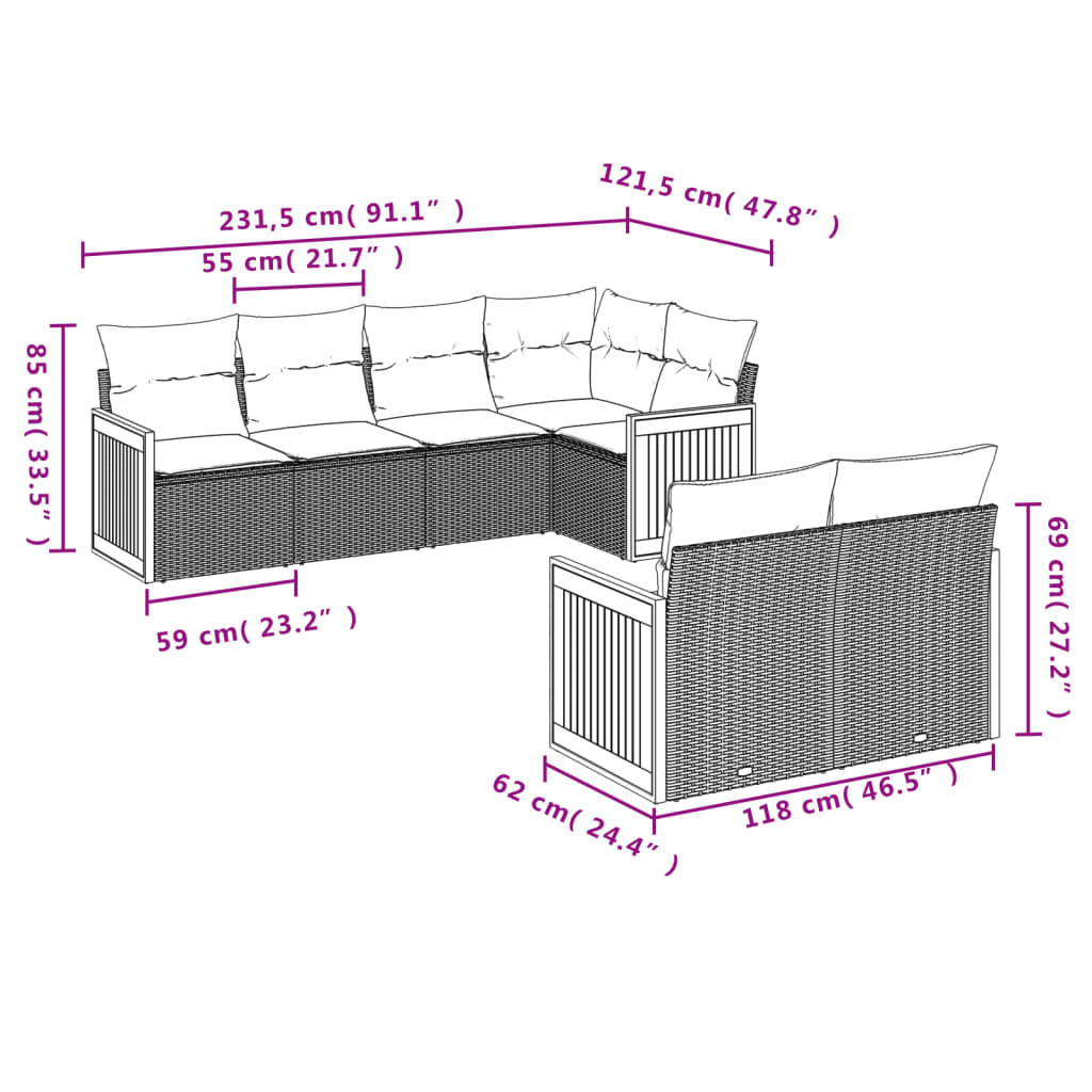 Salon de jardin avec coussins 7 pcs gris résine tressée