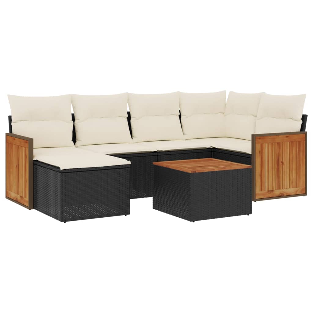 Salon de jardin 7 pcs avec coussins noir résine tressée