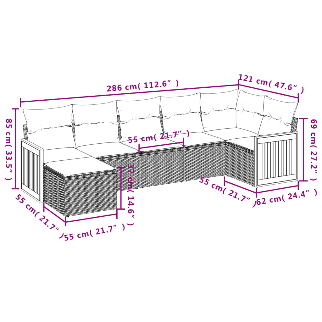 Salon de jardin avec coussins 7 pcs gris résine tressée
