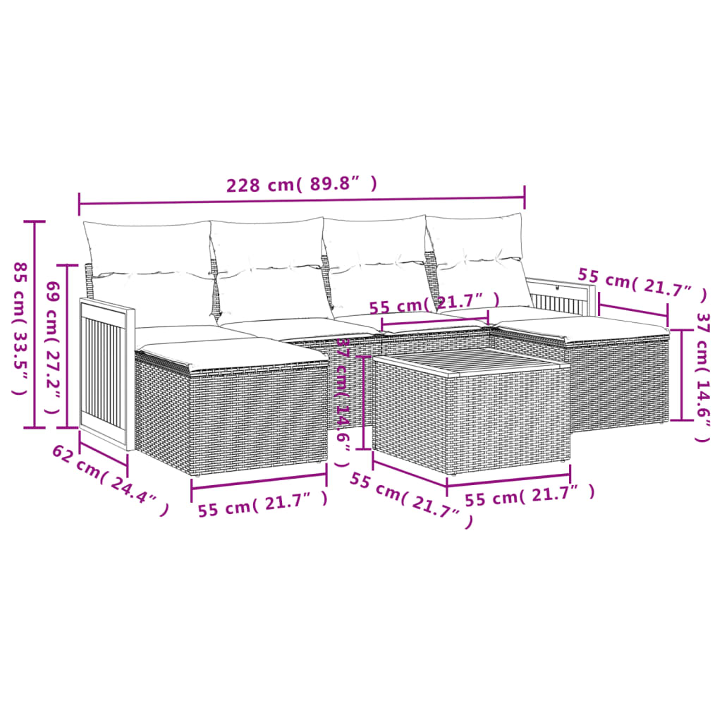 Salon de jardin avec coussins 7 pcs gris résine tressée