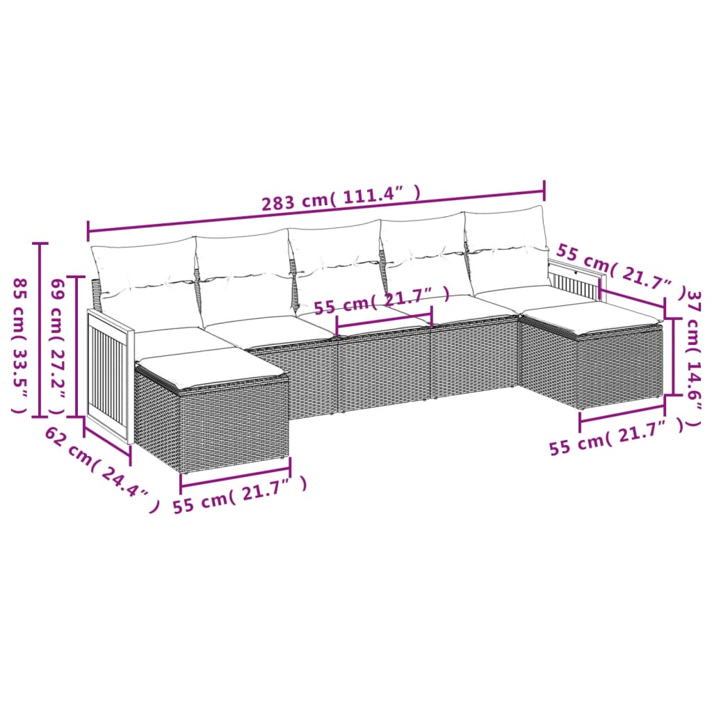 Salon de jardin avec coussins 7 pcs gris résine tressée