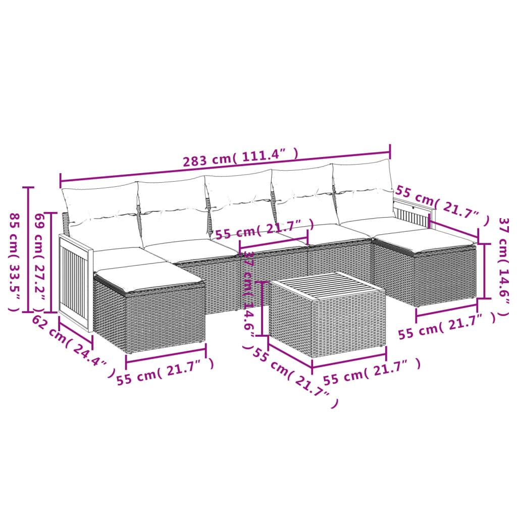 Salon de jardin avec coussins 8 pcs beige résine tressée