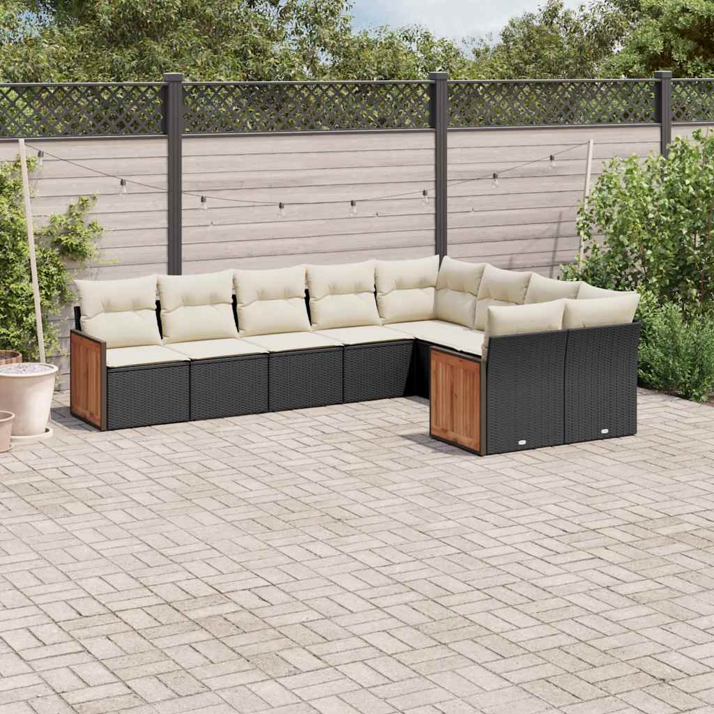 Salon de jardin 9 pcs avec coussins noir résine tressée