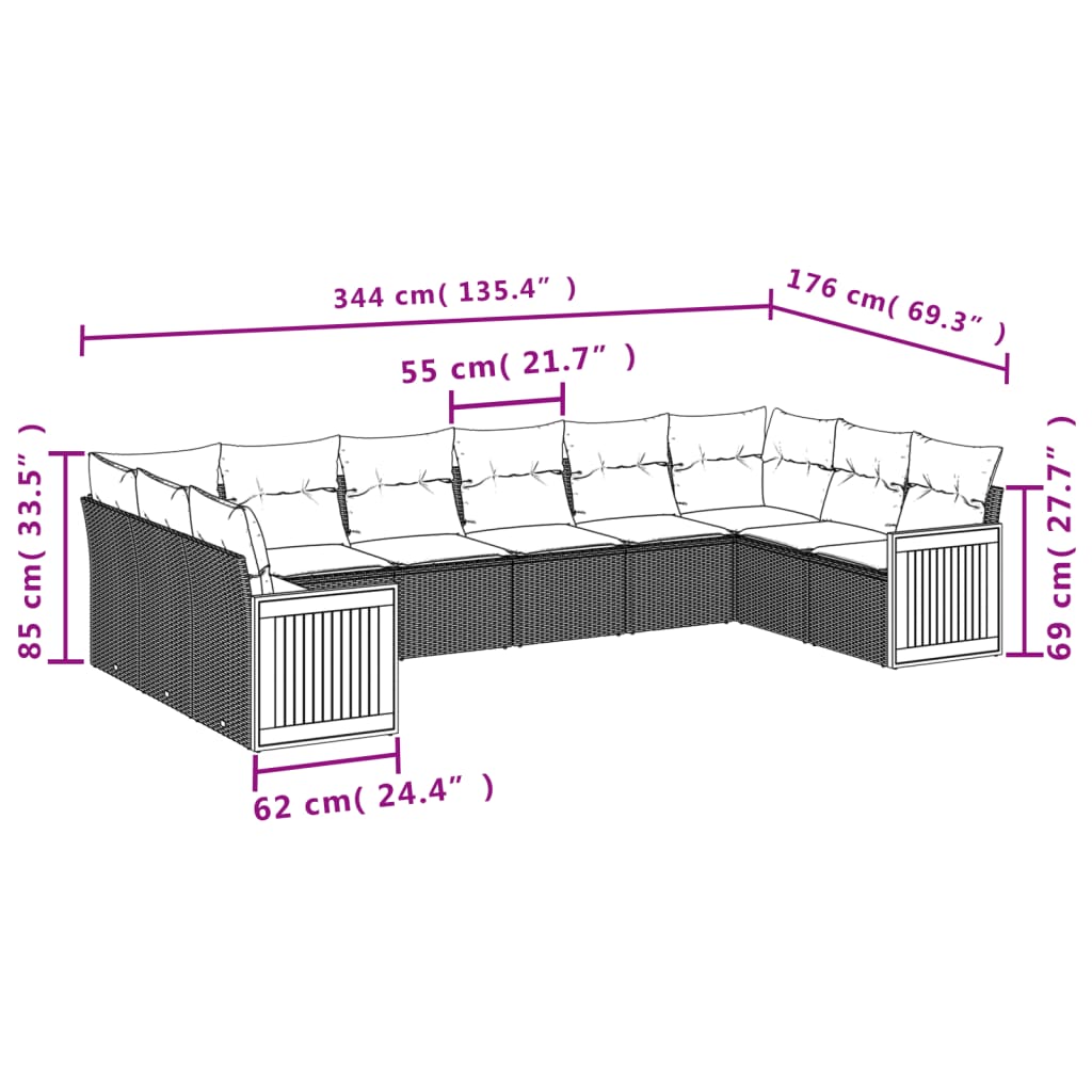 Salon de jardin 10 pcs avec coussins noir résine tressée