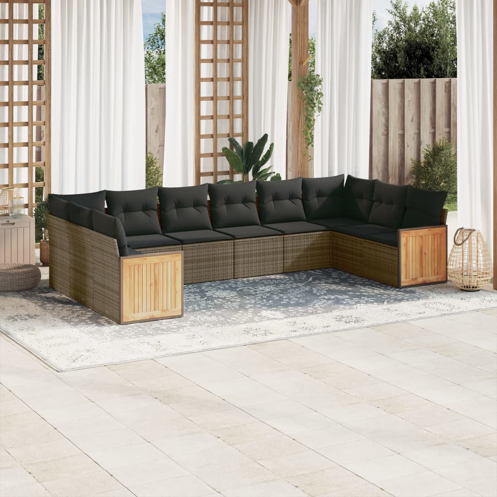 Salon de jardin avec coussins 10 pcs gris résine tressée