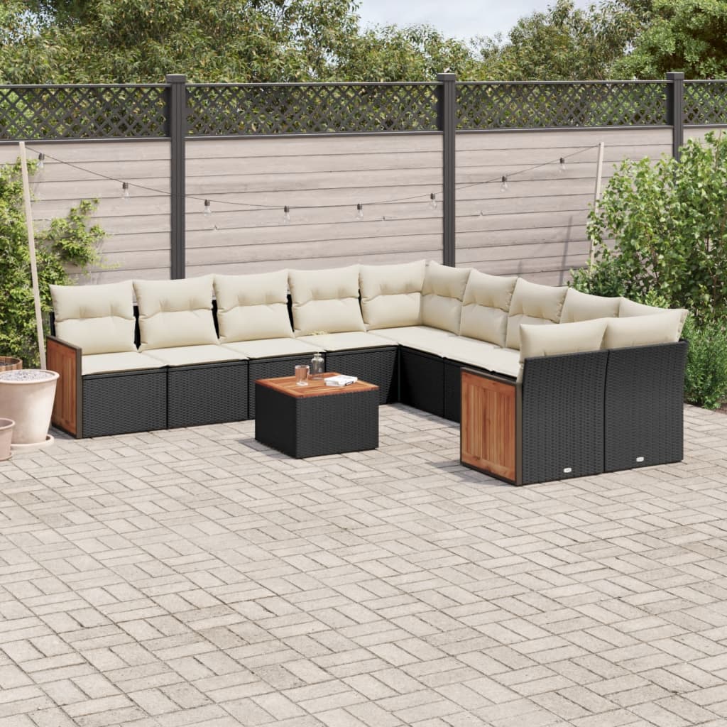 Salon de jardin 11 pcs avec coussins noir résine tressée