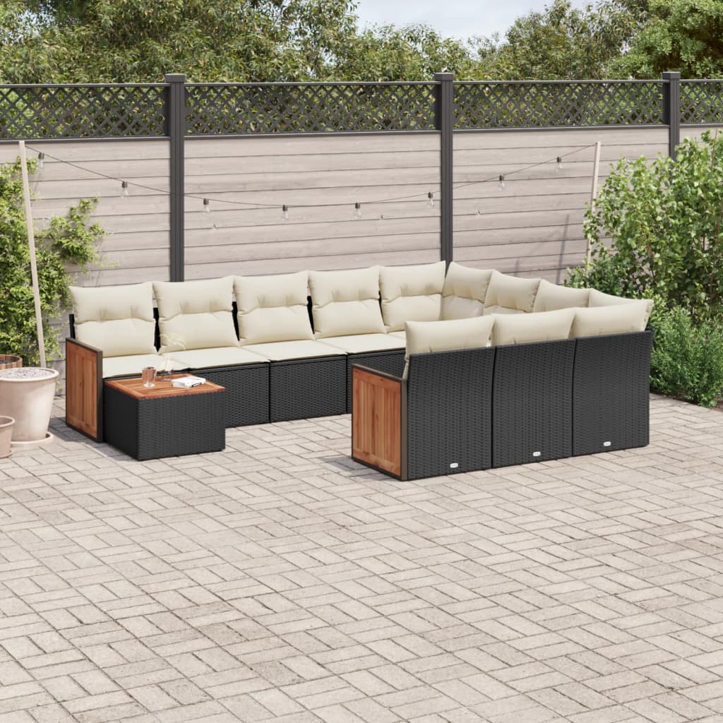 Salon de jardin 11 pcs avec coussins noir résine tressée