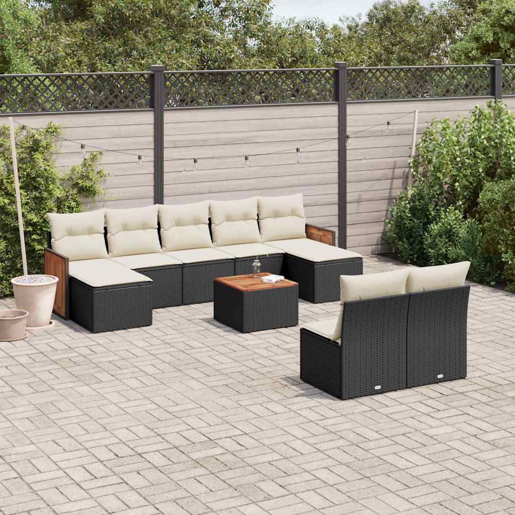 Salon de jardin 10 pcs avec coussins noir résine tressée