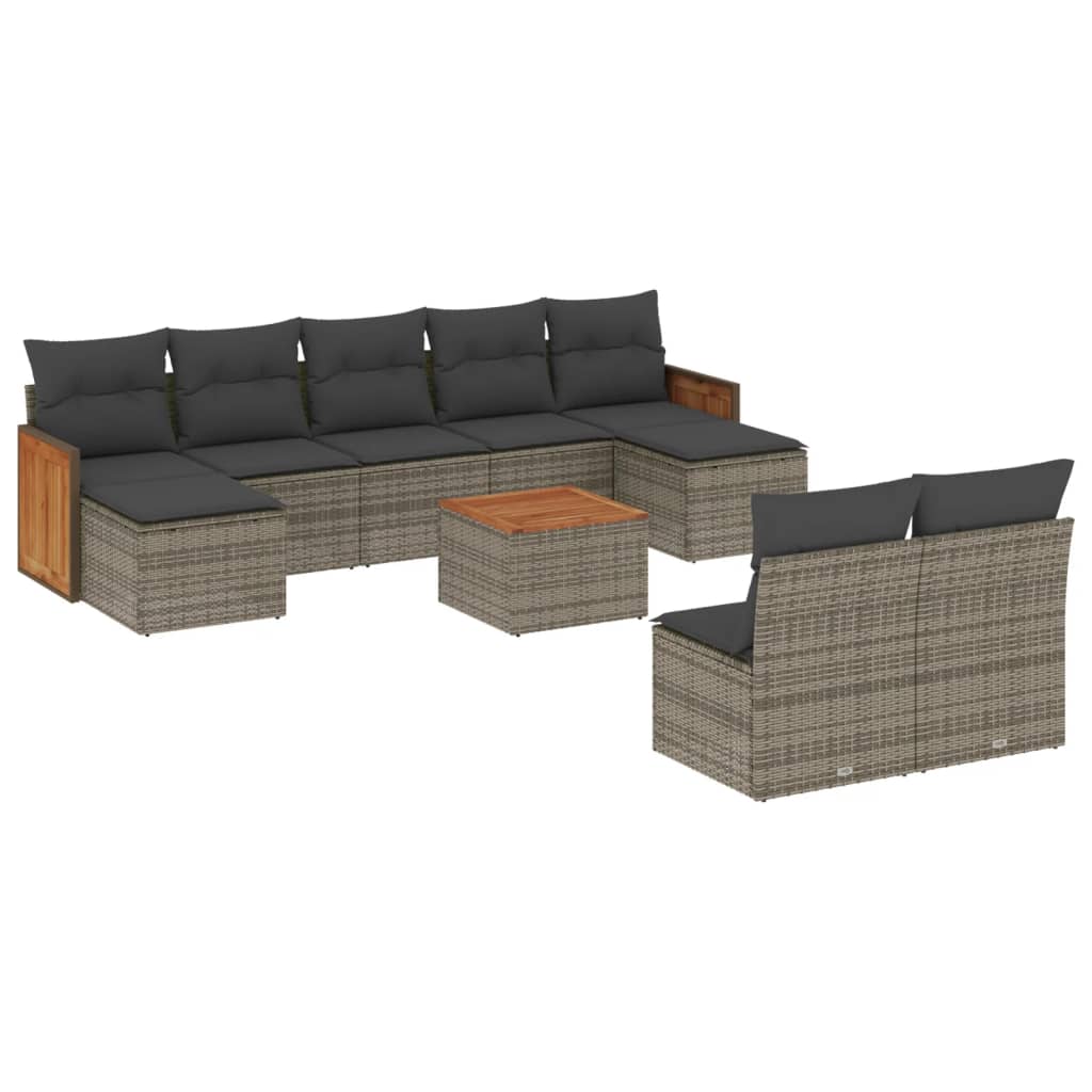 Salon de jardin avec coussins 10 pcs gris résine tressée
