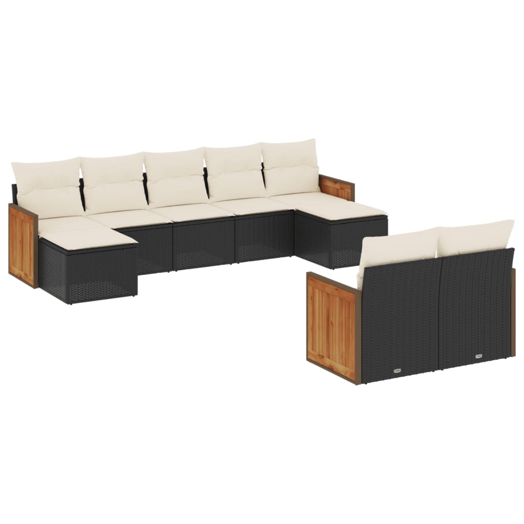 Salon de jardin 9 pcs avec coussins noir résine tressée