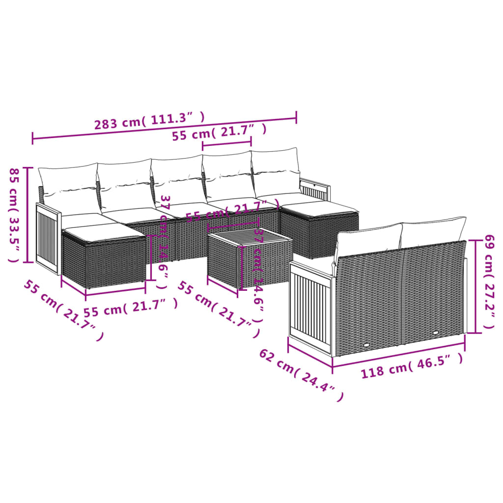 Salon de jardin avec coussins 10 pcs gris résine tressée