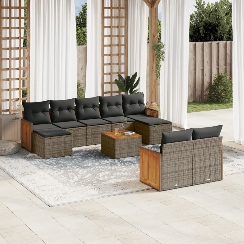 Salon de jardin avec coussins 10 pcs gris résine tressée