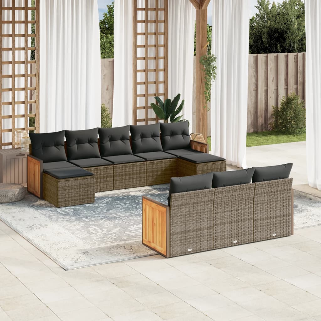 Salon de jardin avec coussins 10 pcs gris résine tressée