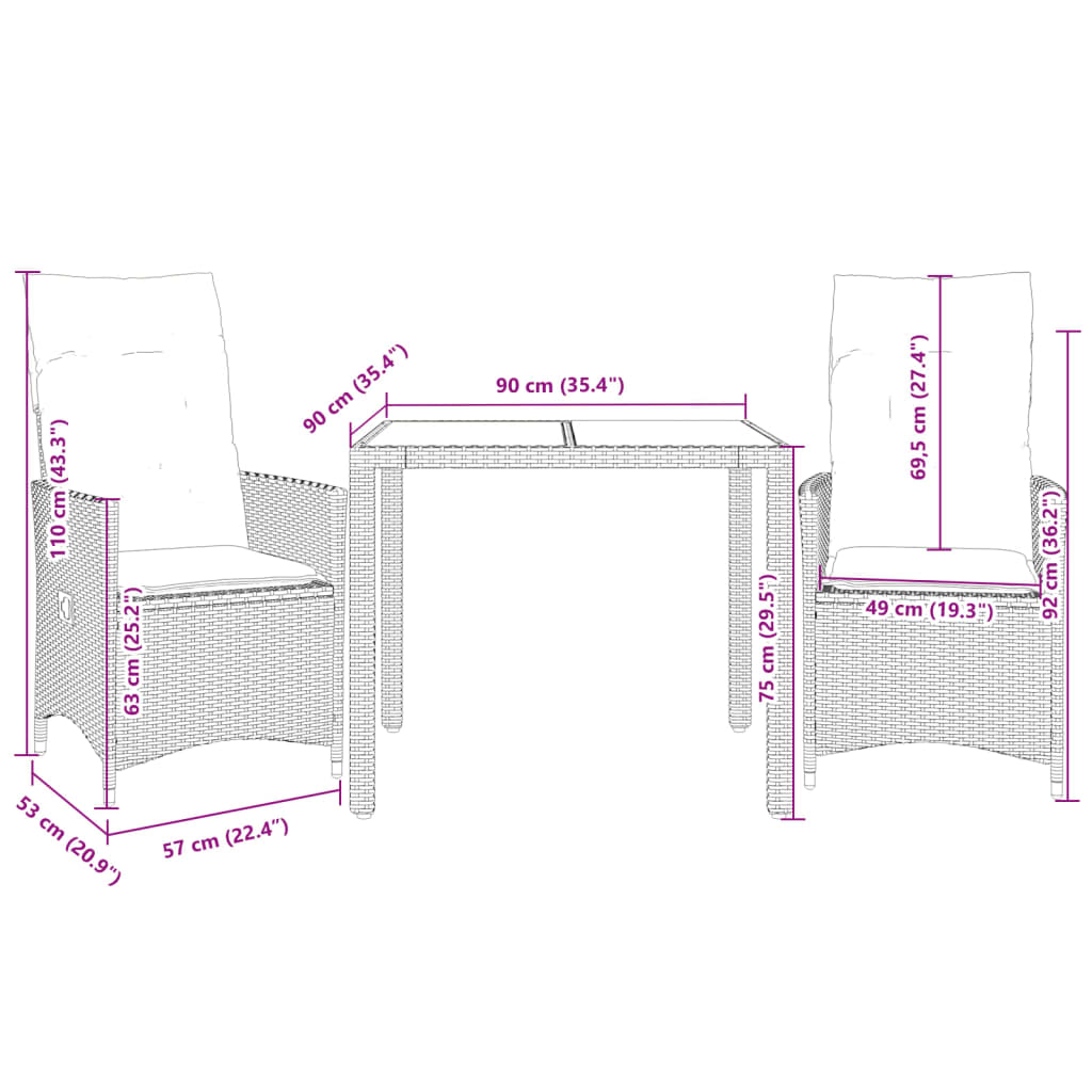 Ensemble de bistro 3 pcs et coussins noir résine tressée acacia