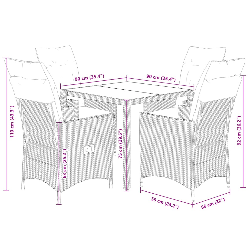 Ensemble à manger de jardin coussins 5pcs Noir Résine tressée