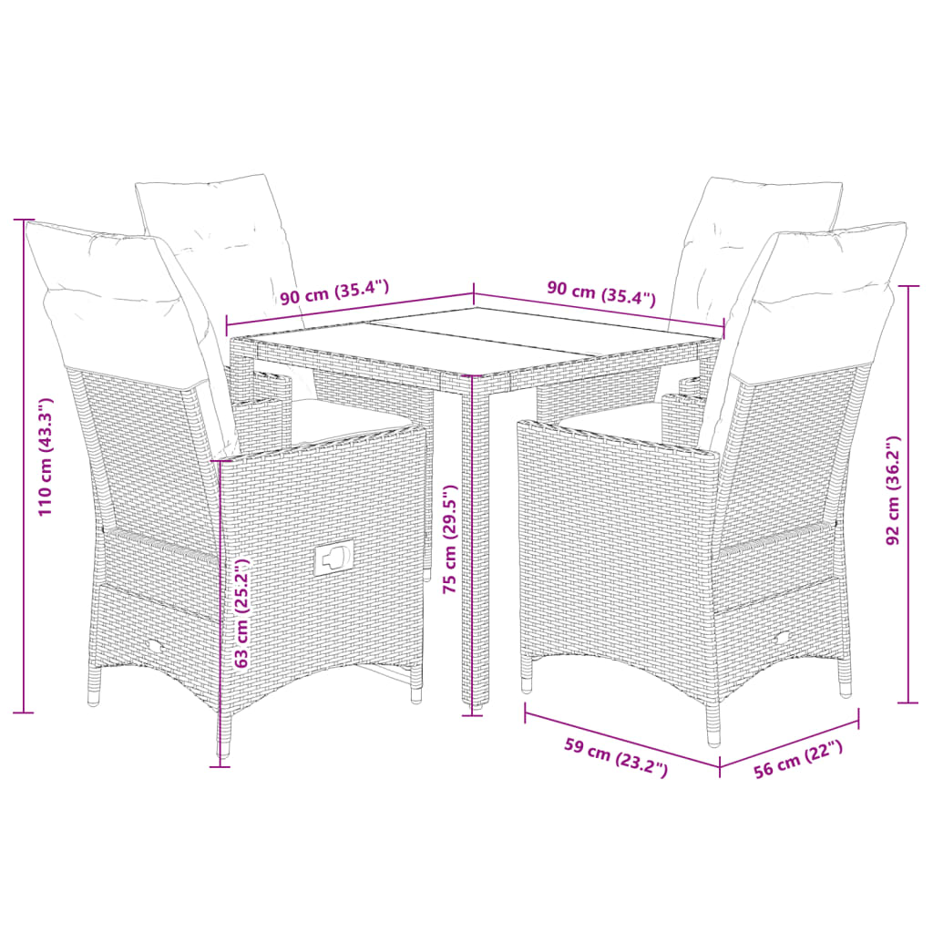 Ensemble à manger de jardin coussins 5pcs noir résine tressée