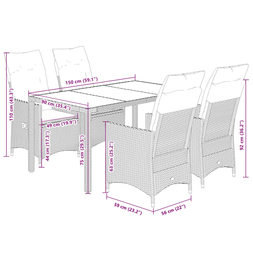 Ensemble à manger de jardin coussins 5pcs Noir Résine tressée