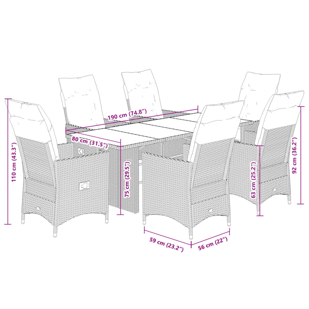 Ensemble à manger de jardin coussins 7 pcs noir résine tressée