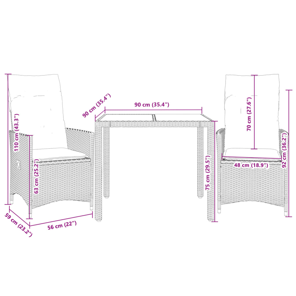 Ensemble de bistro 3 pcs avec coussins gris résine tressée - XIOS