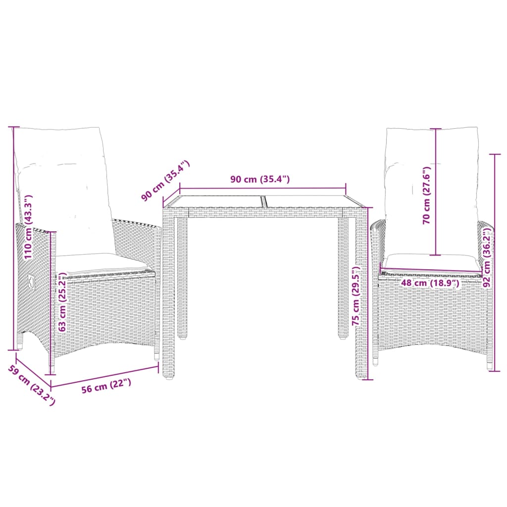 Ensemble de bistro 3 pcs avec coussins gris résine tressée