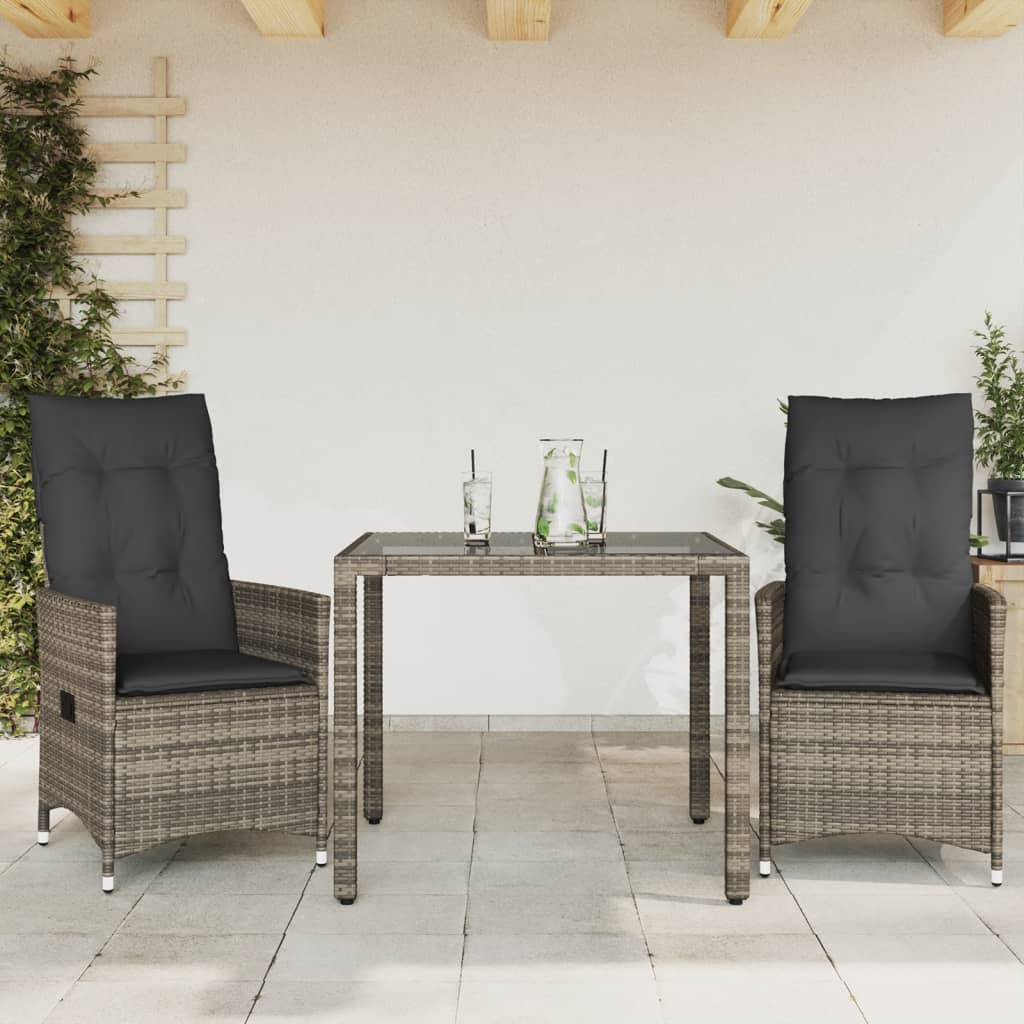 Ensemble de bistro 3 pcs avec coussins gris résine tressée