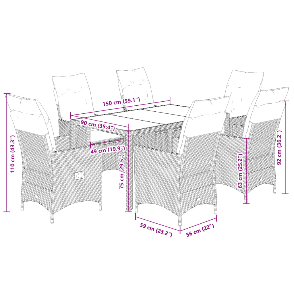 Ensemble à manger de jardin et coussins 7 pcs gris rotin
