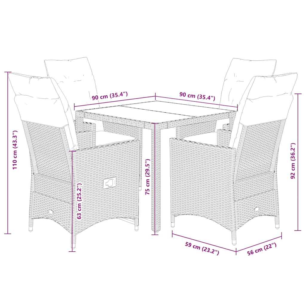 Ensemble à manger de jardin 5 pcs et coussins marron poly rotin