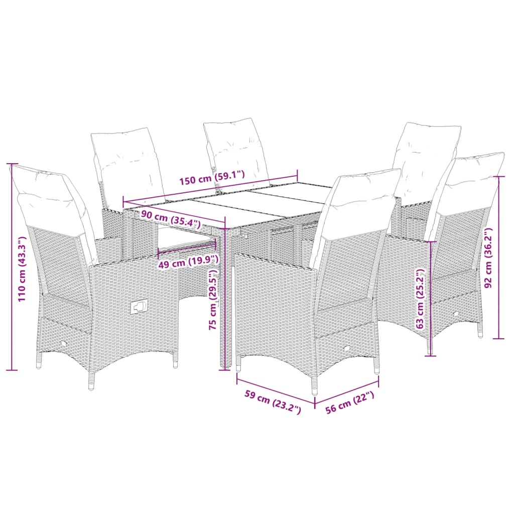 Ensemble à manger de jardin et coussins 7 pcs marron rotin