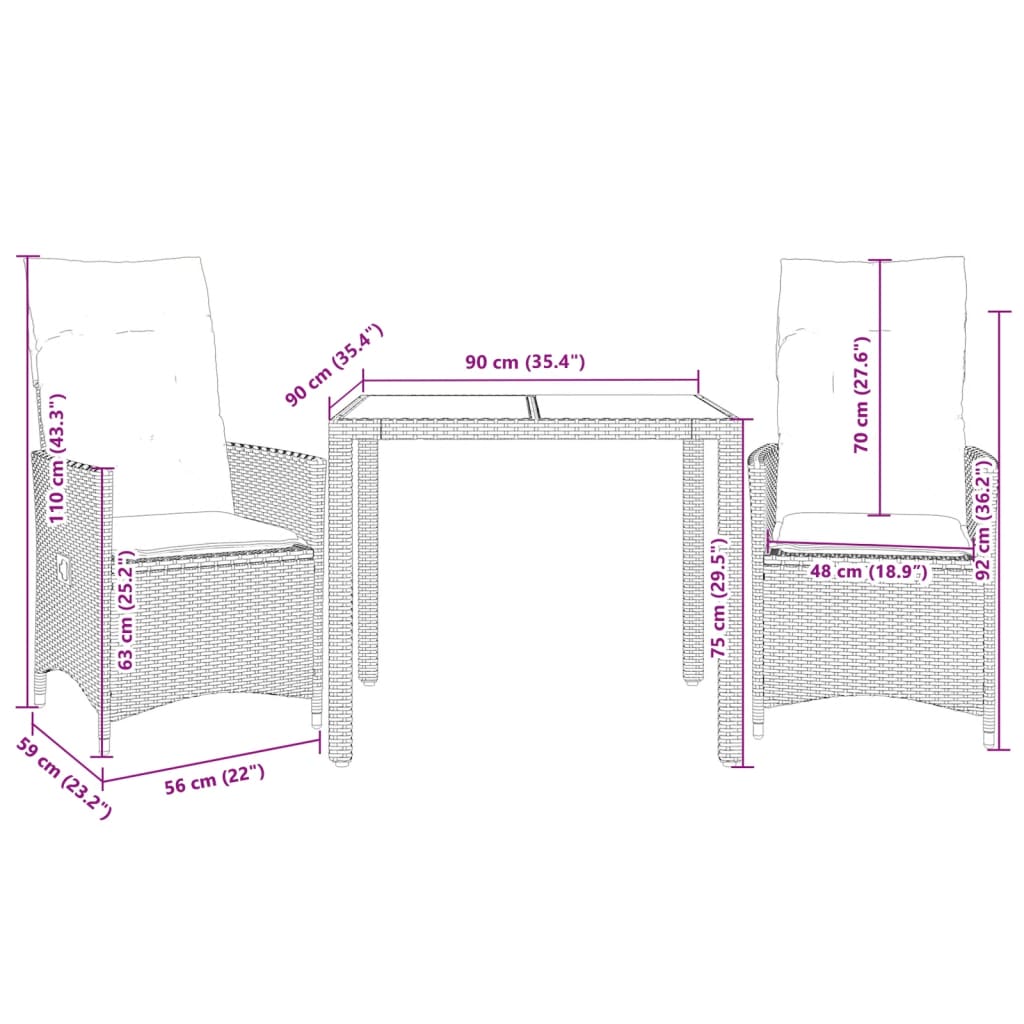 Ensemble de bistro 3 pcs avec coussins beige résine tressée