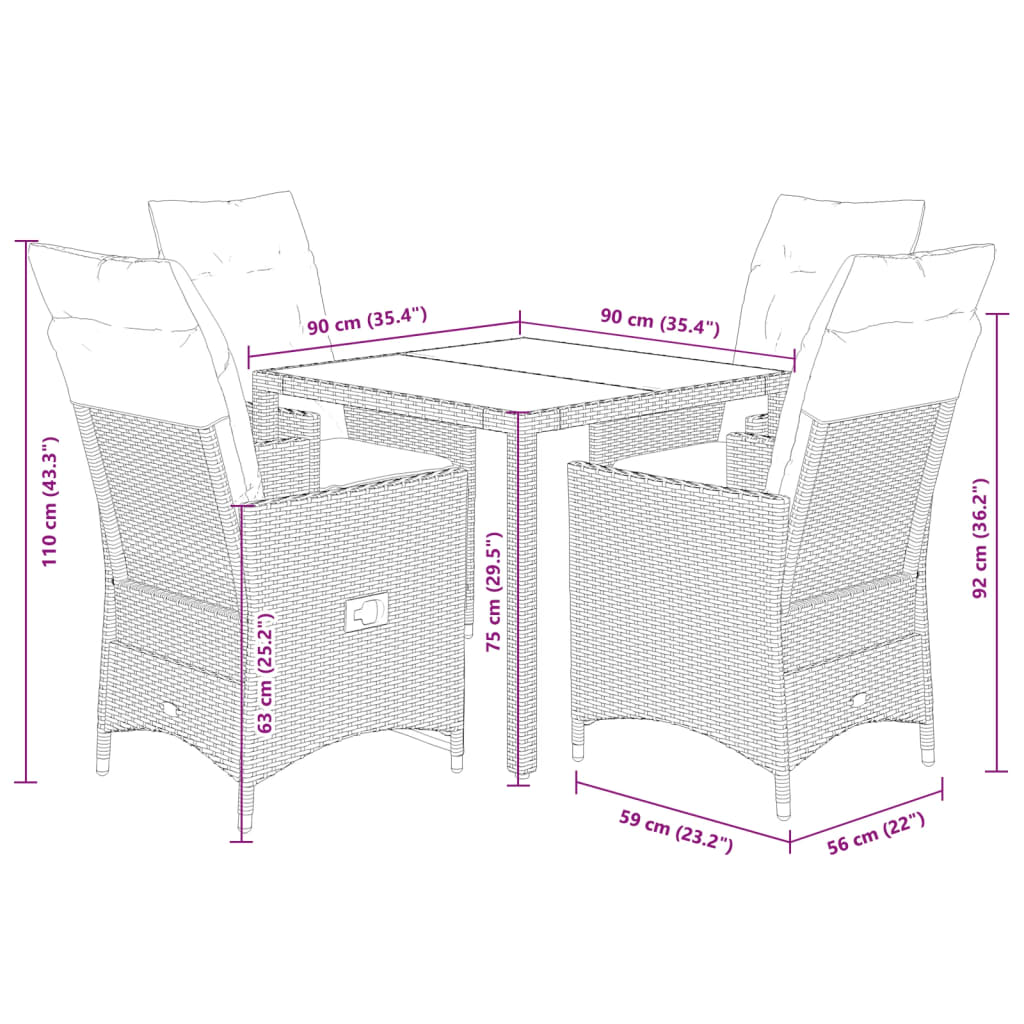 Ensemble à manger de jardin avec coussins 5pcs Beige poly rotin