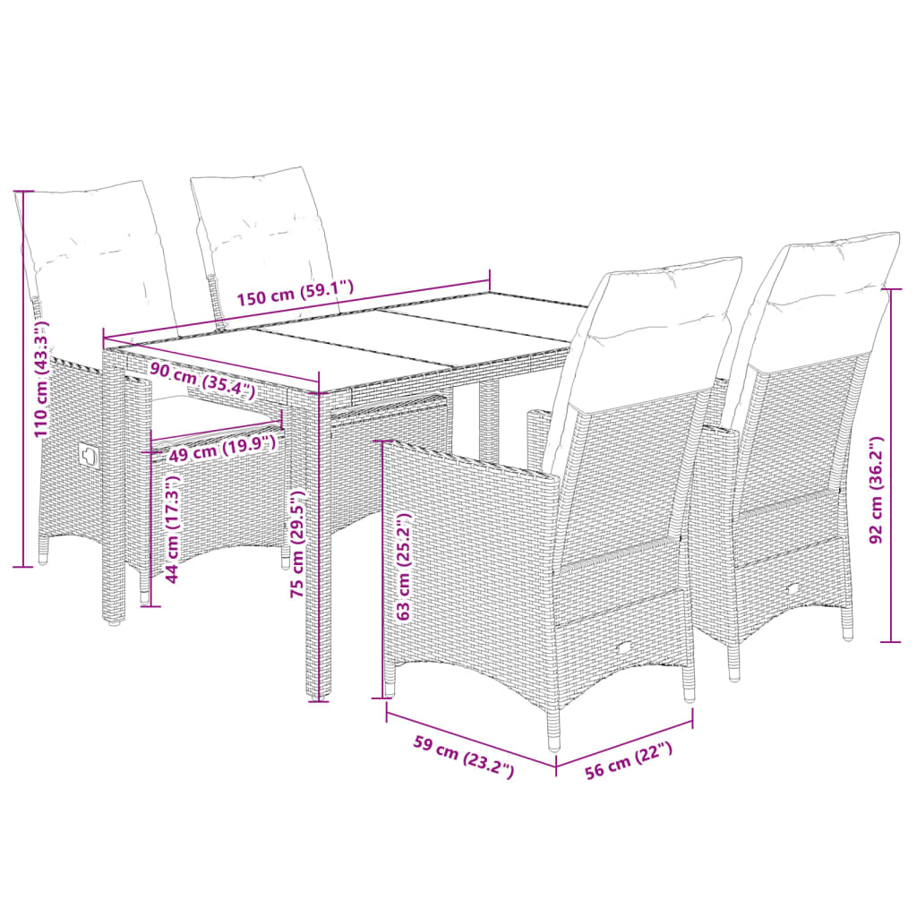 Ensemble à manger de jardin avec coussins 5pcs Beige poly rotin