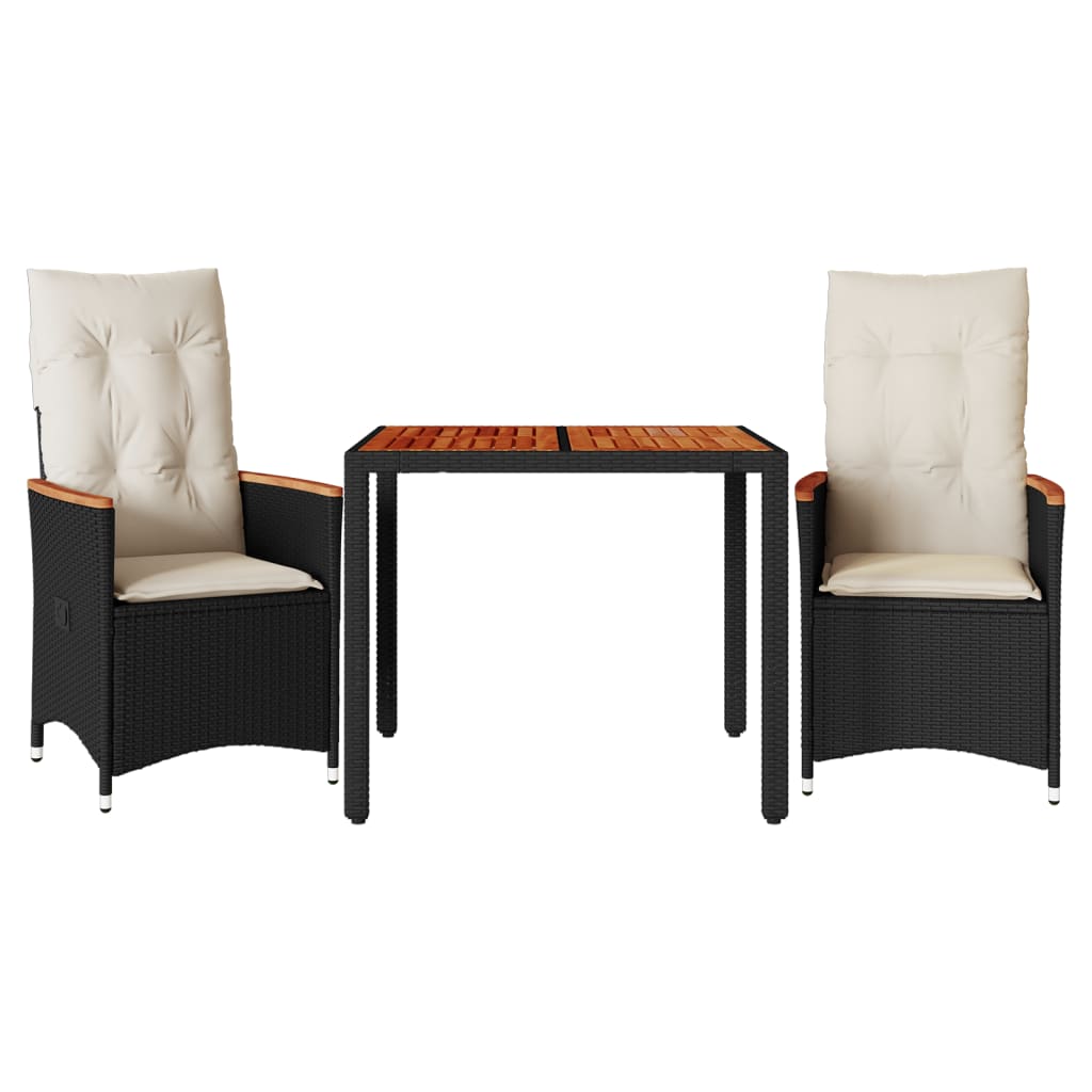Ensemble de bistro 3 pcs avec coussins noir résine tressée