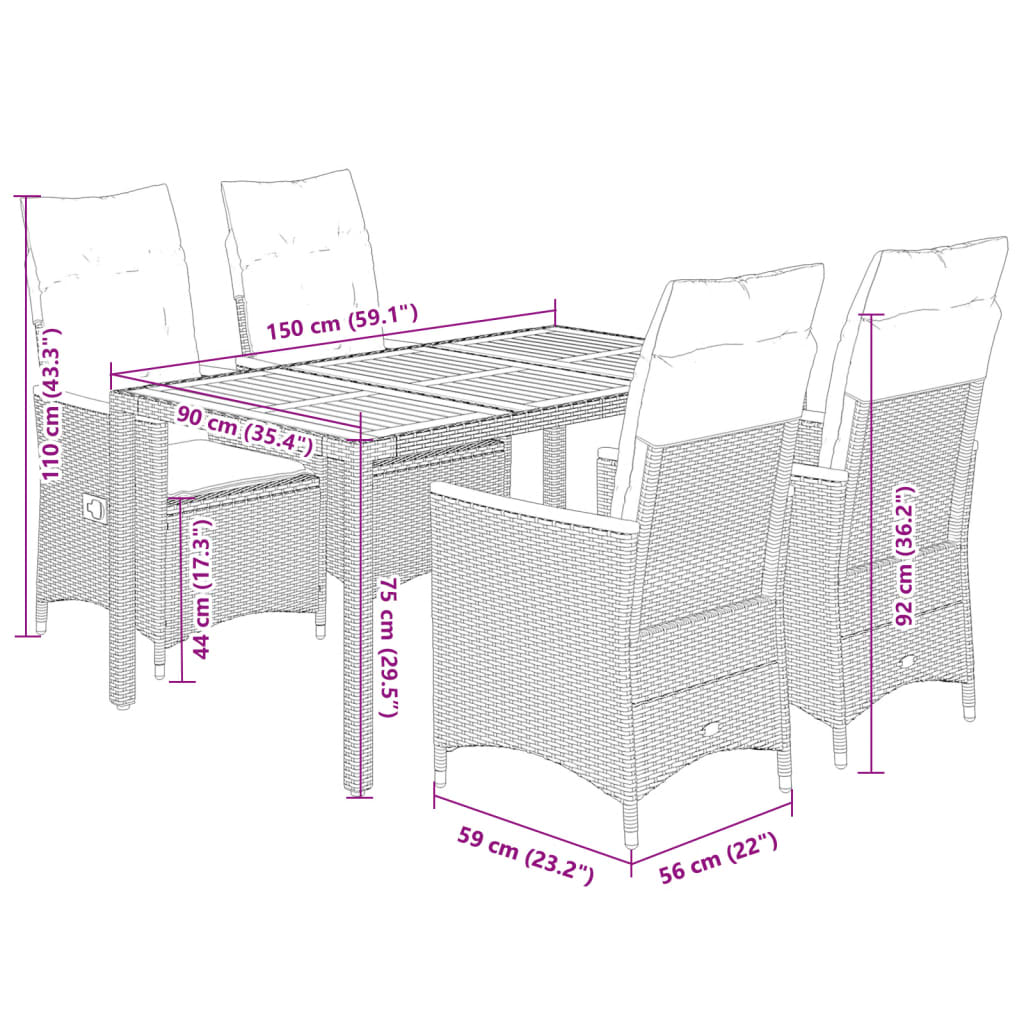 Ensemble à manger de jardin coussins 5pcs Noir Résine tressée