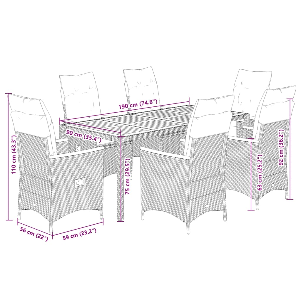 Ensemble à manger de jardin coussins 7pcs Noir Résine tressée