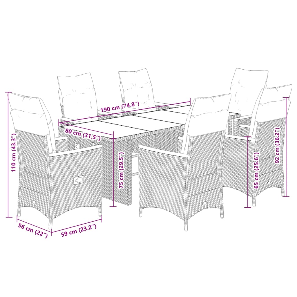 Ensemble à manger de jardin coussins 7 pcs noir résine tressée