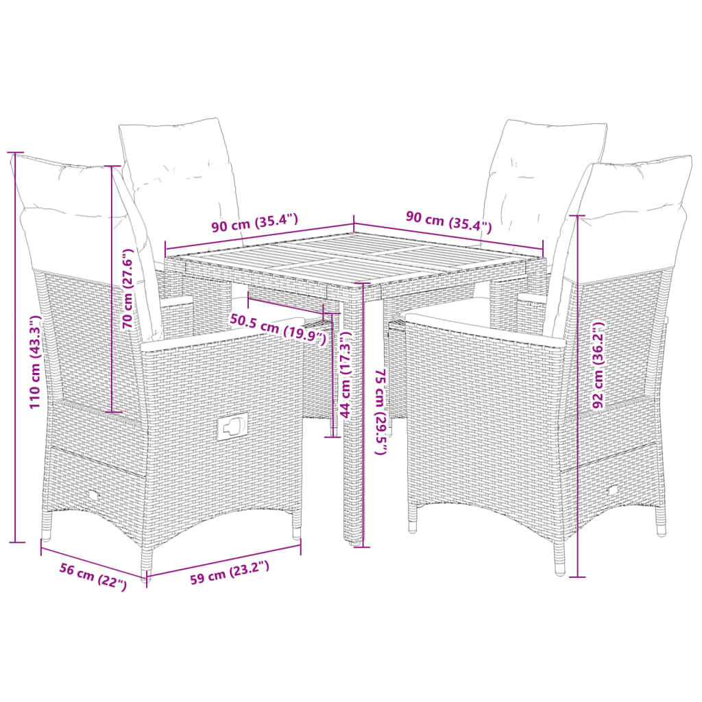 Ensemble à manger de jardin 5 pcs coussins gris résine tressée