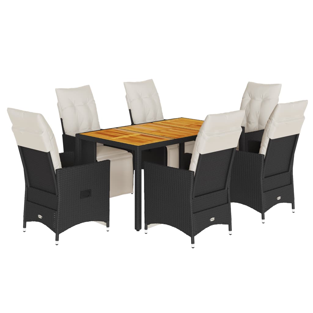 Ensemble à manger de jardin coussins 7 pcs noir résine tressée