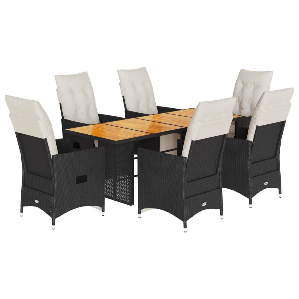 Ensemble à manger de jardin coussins 7 pcs noir résine tressée