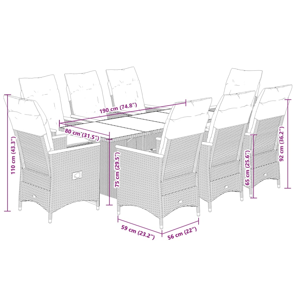 Ensemble à manger de jardin coussins 7 pcs noir résine tressée