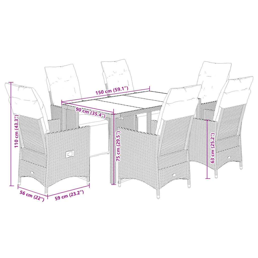 Ensemble de bistro de jardin 7 pcs coussins marron poly rotin