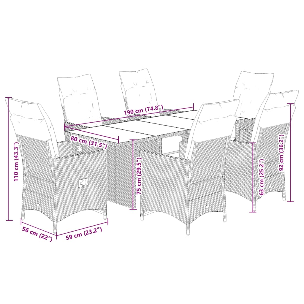 Ensemble de bistro de jardin 7 pcs coussins marron poly rotin