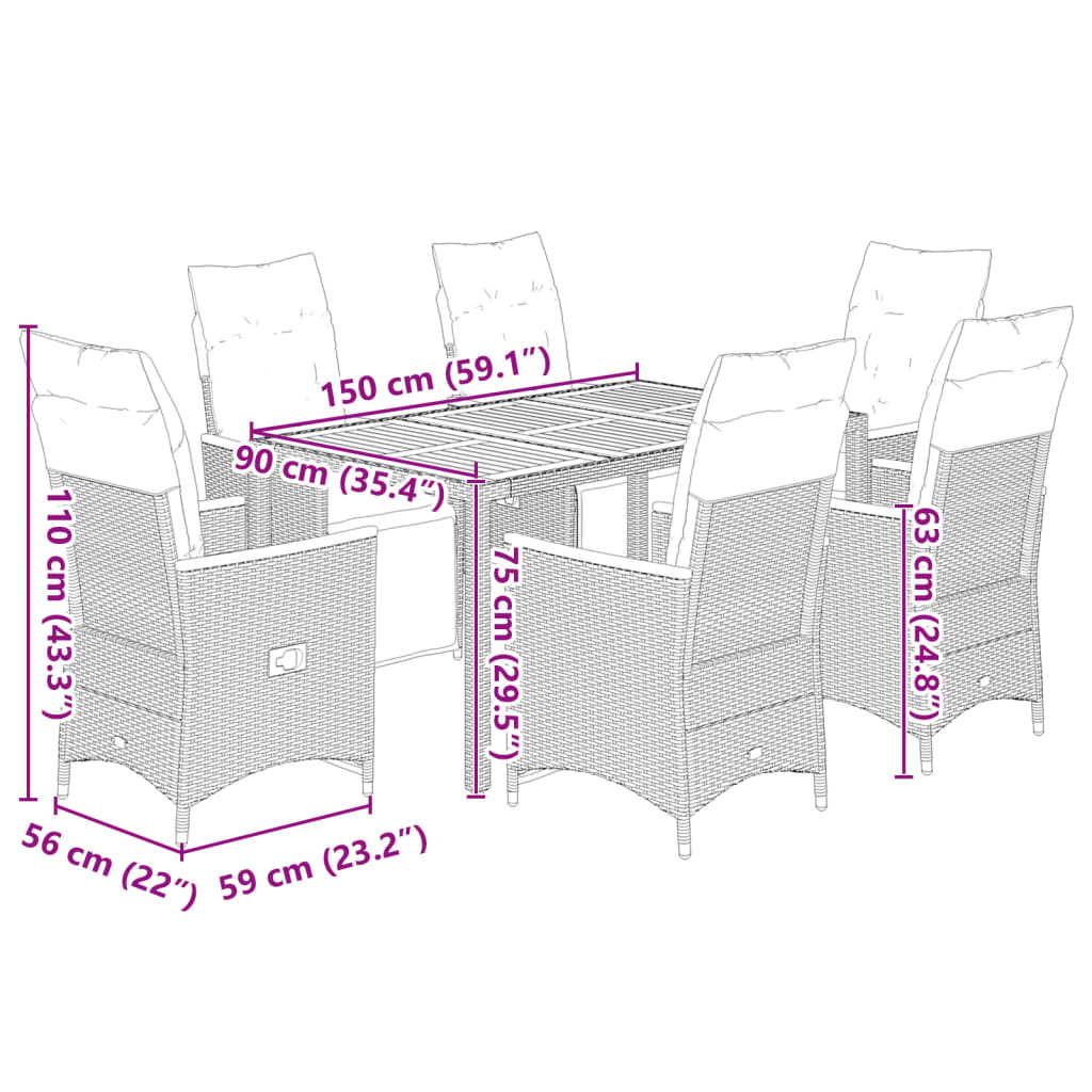 Ensemble de bistro de jardin 7 pcs coussins noir poly rotin